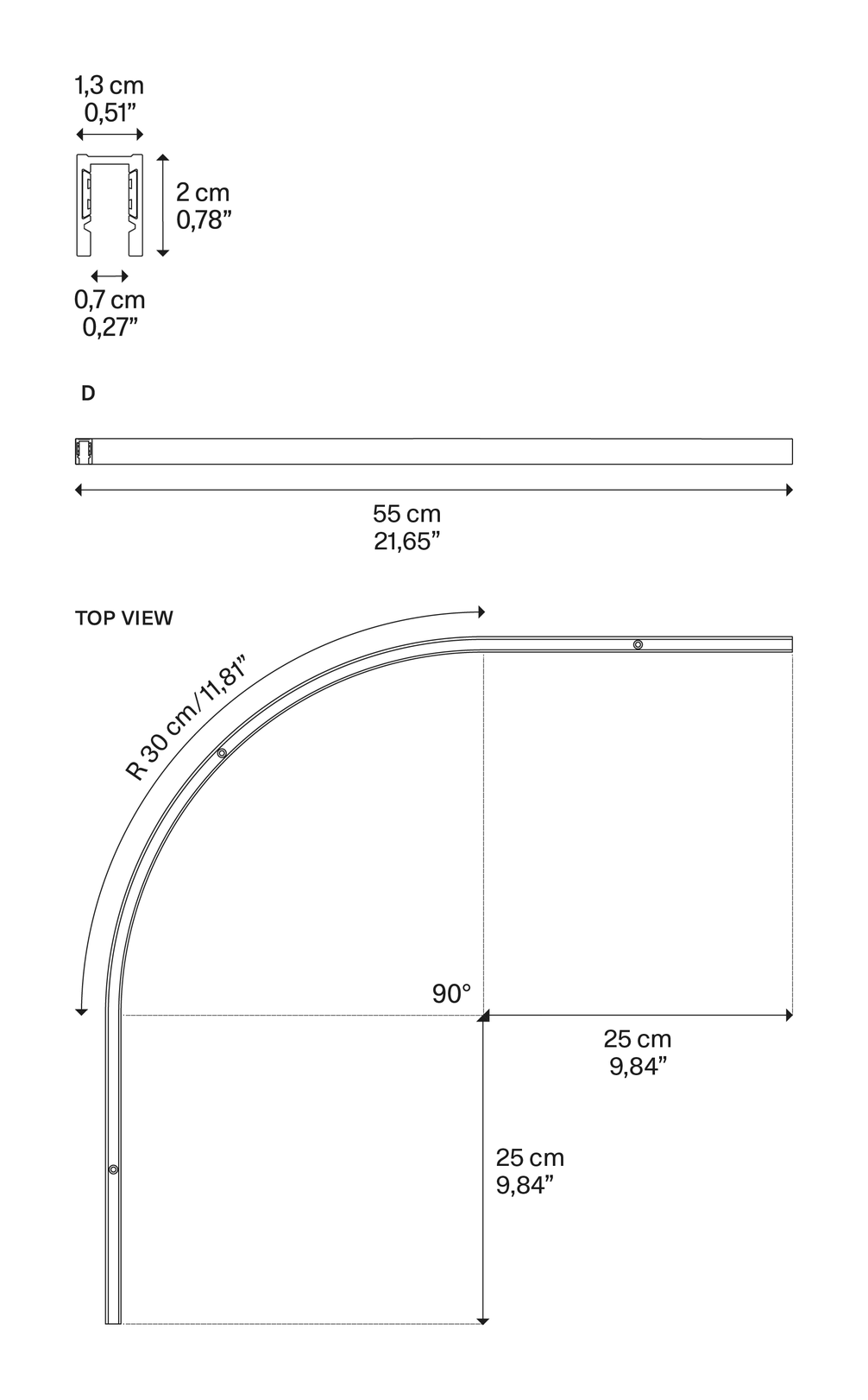 DoubleZero7 Surface Lighting System by Lodes, size drawing: Surface 90° Curve