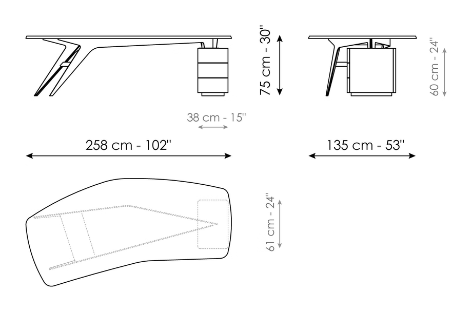 Diver Desk by Bonaldo, size drawing