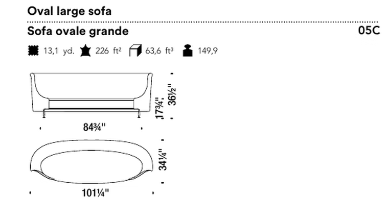 New-Tone Sofa by Moroso, size drawing: Oval large sofa