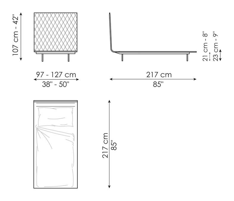 Thin Single Bed by Bonaldo, size drawing: Thin ego