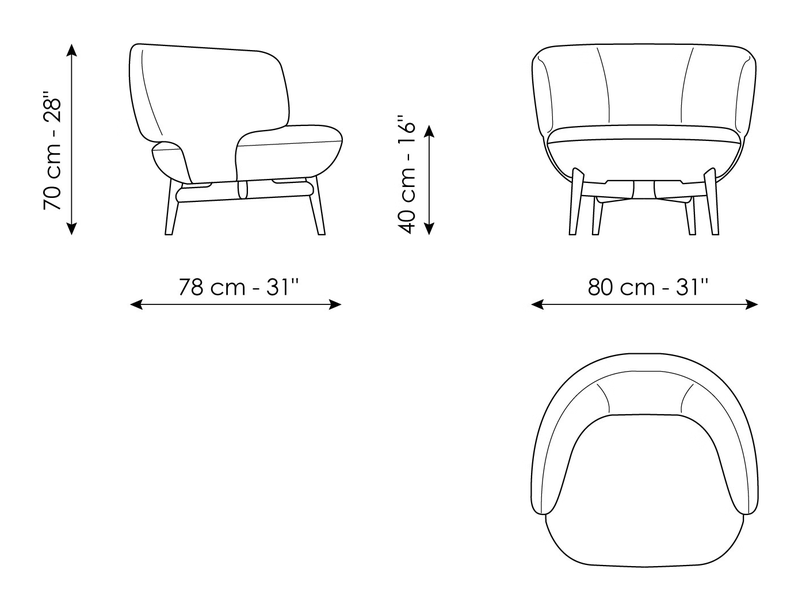 Doge Armchair by Bonaldo, size drawing: Doge - wooden base