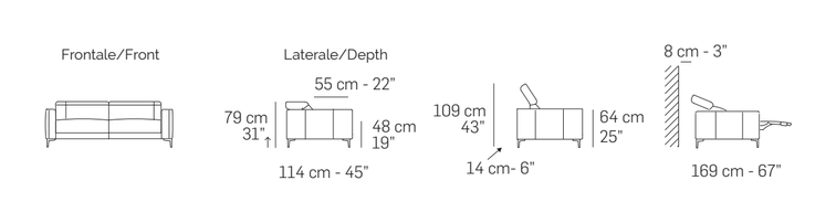 Pisa Sofa by Nicoline, size drawing: Front and side views