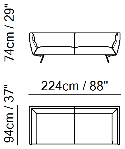 Positano Sectional by Natuzzi Italia: Three-seater sofa, outline drawing with sizes