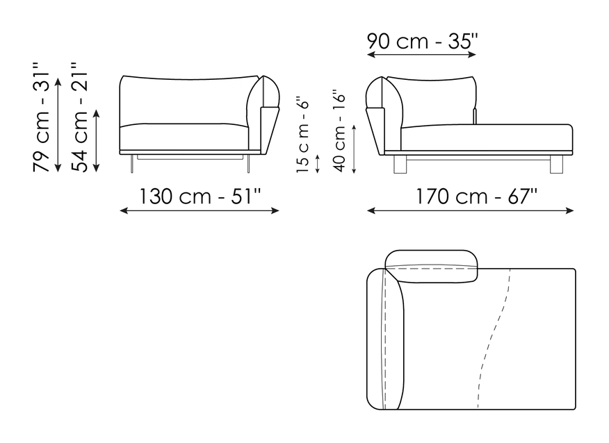 Blend Sofa by Bonaldo, size drawing: Chaise longue 170 x 130