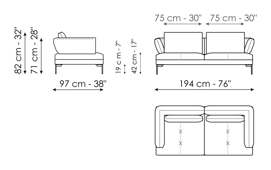 Aliante Sofa by Bonaldo, size drawing: Sofa 194