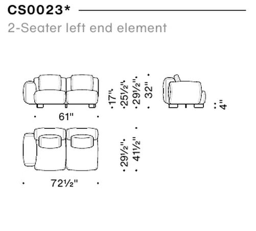 Cuadra-Soft Sofa by Moroso, size drawing: 2-Seater left end element