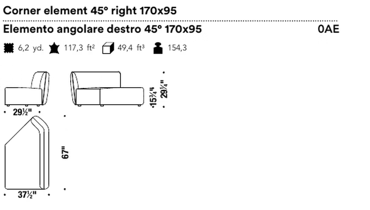 Chamfer Sofa by Moroso, size drawing: Corner element 45° right 170x95