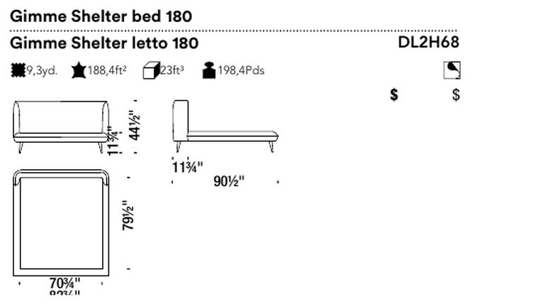 Gimme Shelter Bed by Moroso, size drawing: Gimme Shelter bed 180