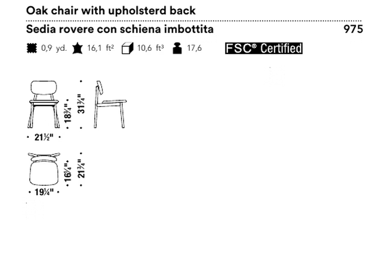 Klara Dining Chair by Moroso, size drawing: Oak chair with upholsterd back