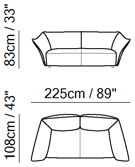 Timeless Sectional by Natuzzi Italia: Three-seater sofa, outline drawing with sizes