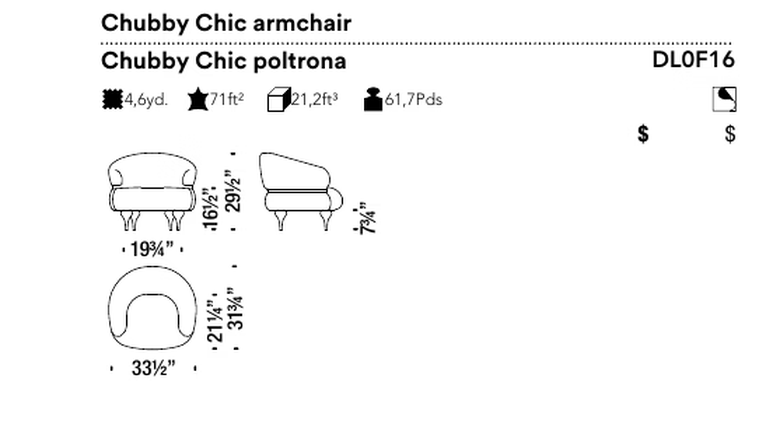 Chubby Chic Armchair by Moroso, size drawing