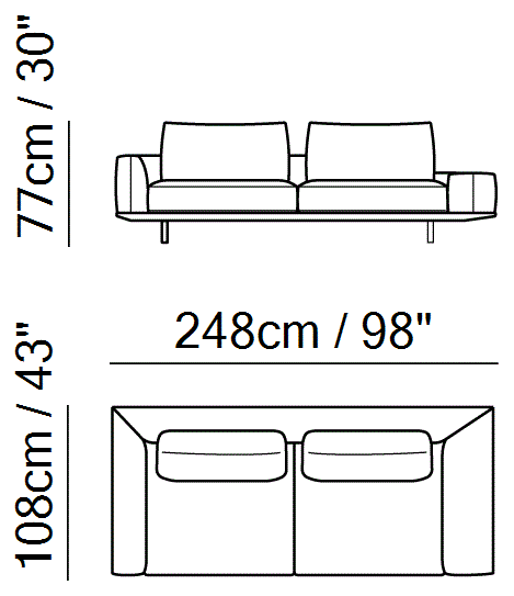 Tempo Sectional by Natuzzi Italia: Three-seater sofa with asymmetrical armrest, outline drawing with sizes