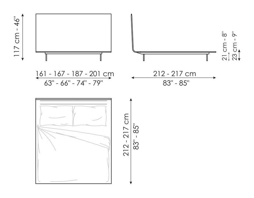 Thin Double Bed by Bonaldo, size drawing: Thin