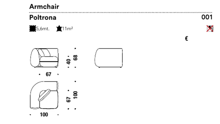 D-Scape Sofa by Moroso, size drawing: Armchair