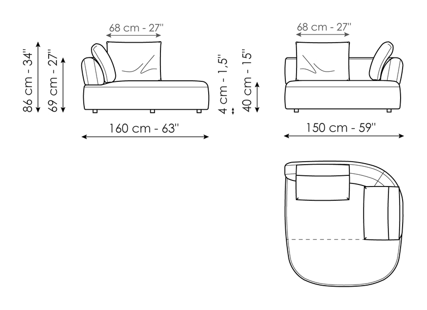 Aldebaran Sofa by Bonaldo, size drawing: Chaise longue 150