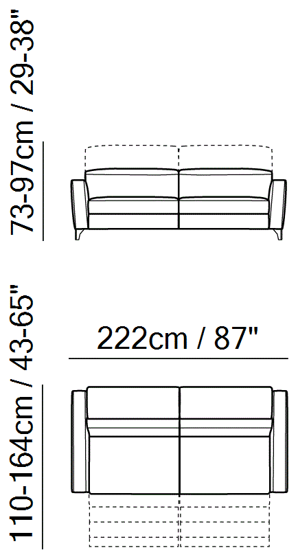 Volo Sectional by Natuzzi Italia: Three-seater sofa with two cushions and two electric recliner functions, outline drawing with sizes