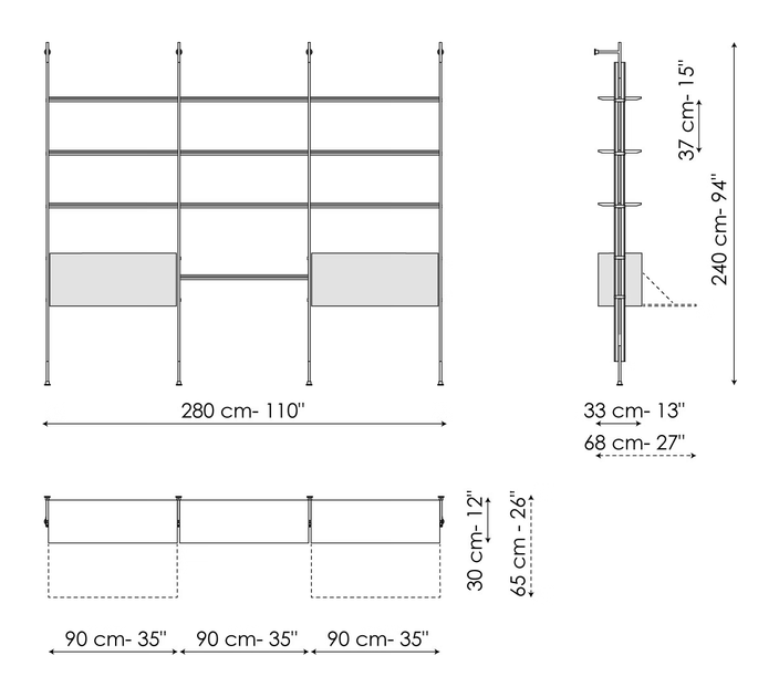 Roll Bookshelf by Bonaldo, size drawing: Wall fixing 3 modules