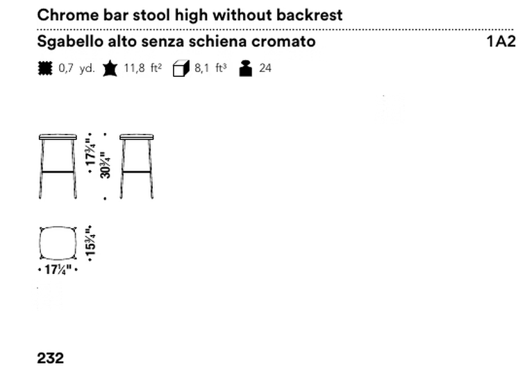 Precious Stool by Moroso, size drawing: Chrome bar stool high without backrest
