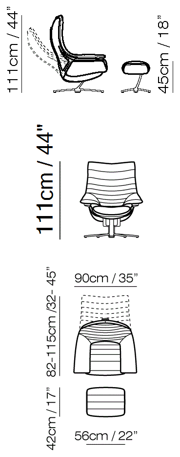 Re-Vive Lounge Recliner by Natuzzi Italia: Re-Vive armchair with footrest, outline drawing with sizes