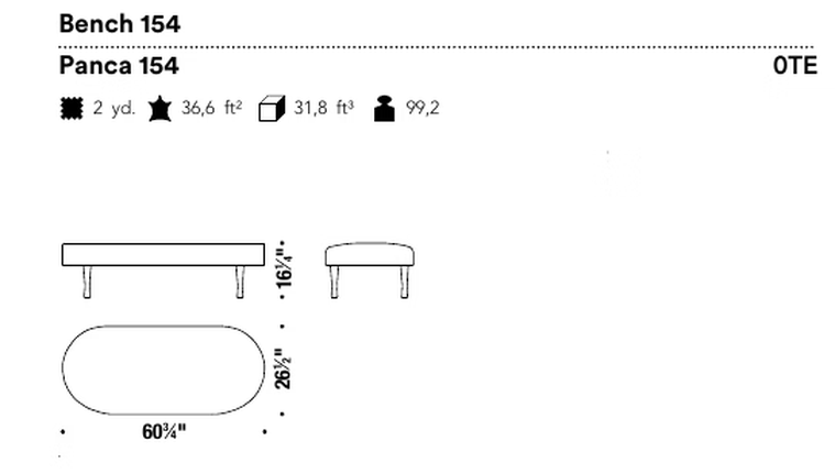 Josephine Ottoman Bench by Moroso, size drawing: Bench 154