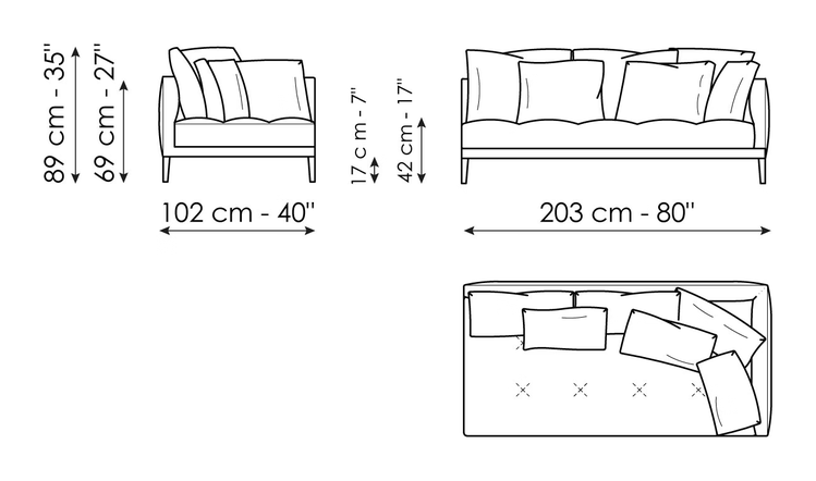 Soft Island Sectional by Bonaldo, size drawing: End section corner sofa 203