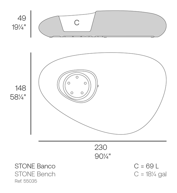 Stone Bench by Vondom, size drawing