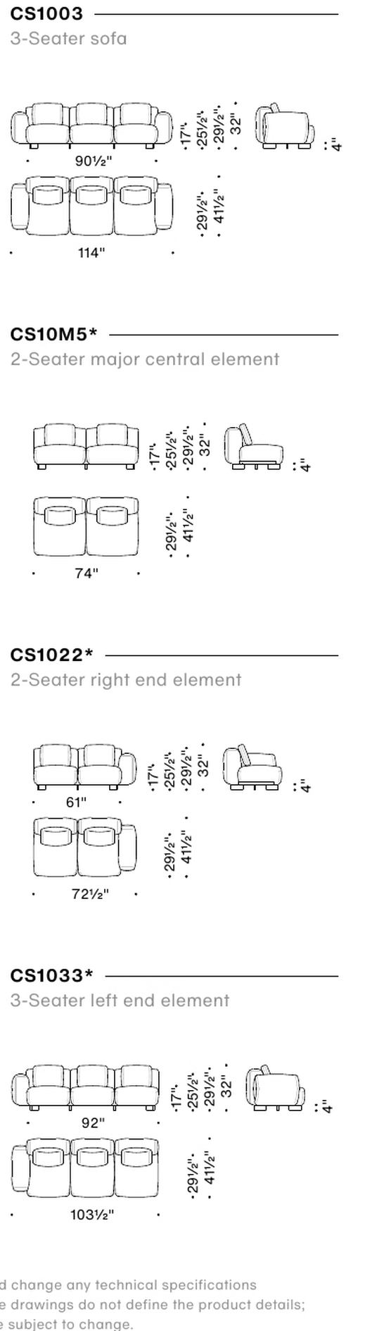 Cuadra-Soft Edge Sofa by Moroso, size drawing: 3-Seater sofa