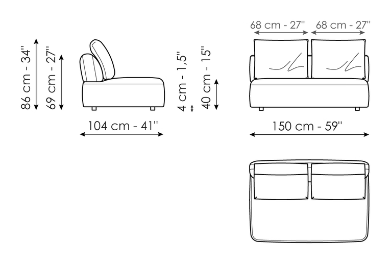 Aldebaran Sofa by Bonaldo, size drawing: Center section 150