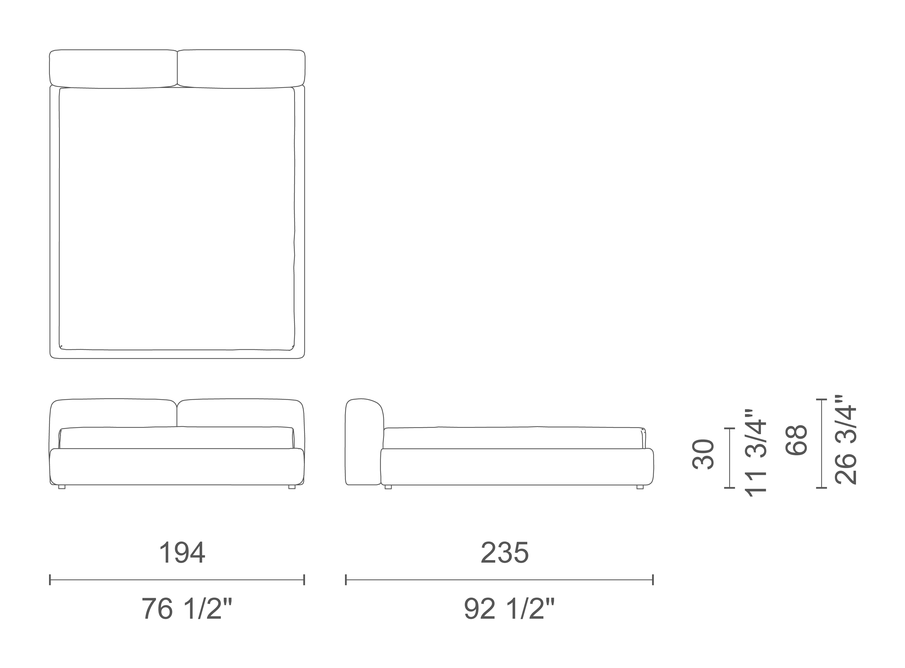 Superoblong Bed by Cappellini, size drawing: SB_180
