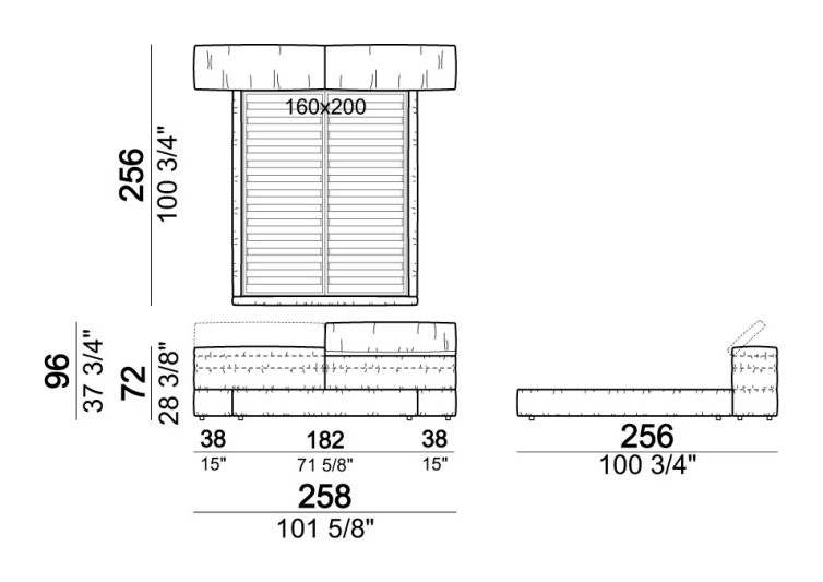 Mayfair Dream Bed by Arketipo, size drawing: Bed with large headboard