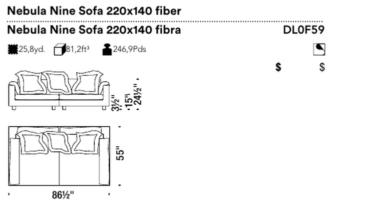 Nebula Nine Sofa by Moroso, size drawing: Nebula Nine Sofa 220x140 fiber