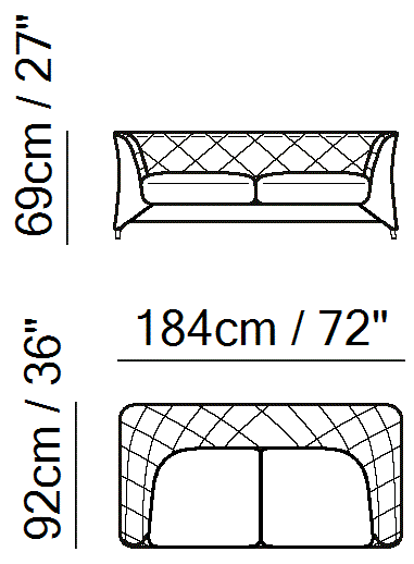 La Scala Sectional by Natuzzi Italia: Two-seater sofa, outline drawing with sizes