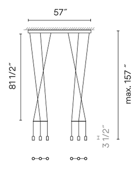 Wireflow Lineal Pendant Lamp by Vibia, size drawing: Model 0338
