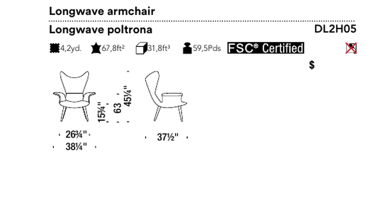 Longwave Armchair by Moroso, size drawing: Longwave armchair