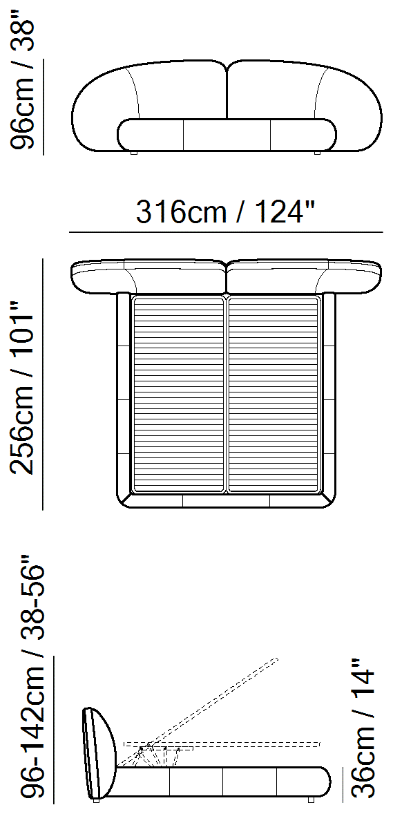 Memoria Bed by Natuzzi Italia: Bed with split mesh electric 193X203, outline drawing with sizes