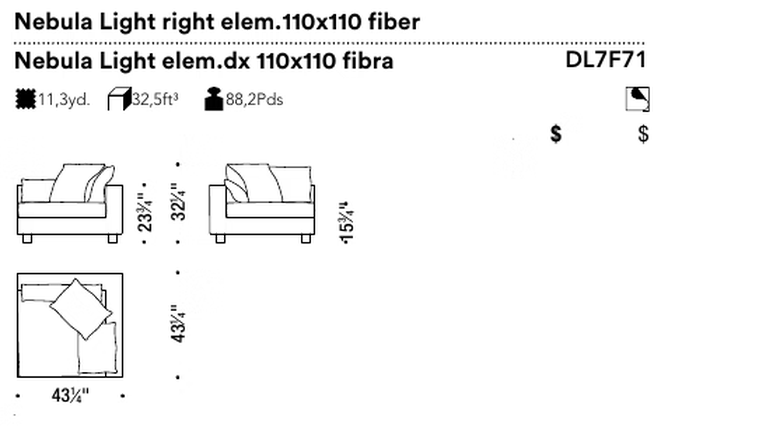 Nebula Light Sofa by Moroso, size drawing: Nebula Light right elem.110x110 fiber