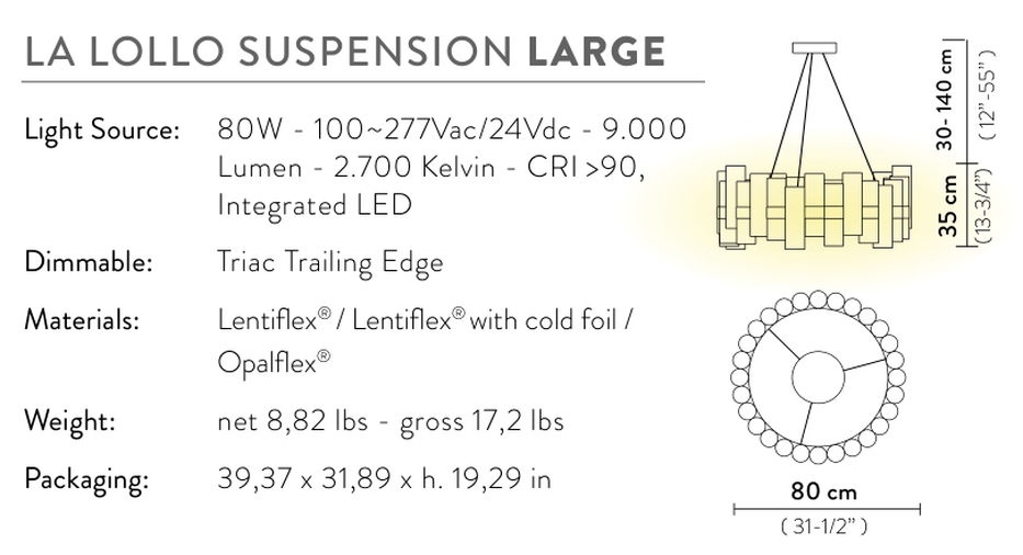La Lollo Pendant Lamp by Slamp, size drawing: La Lollo Suspension Large