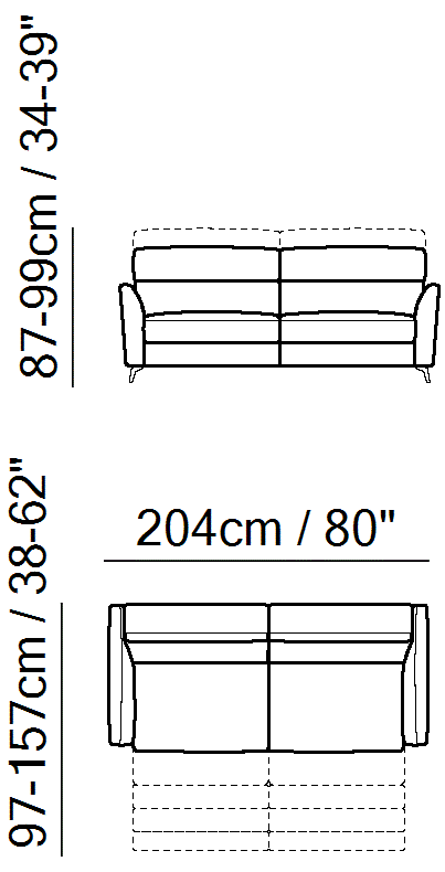 Stan Sectional by Natuzzi Italia: Three-seater sofa with two cushions and two electric recliner functions, outline drawing with sizes
