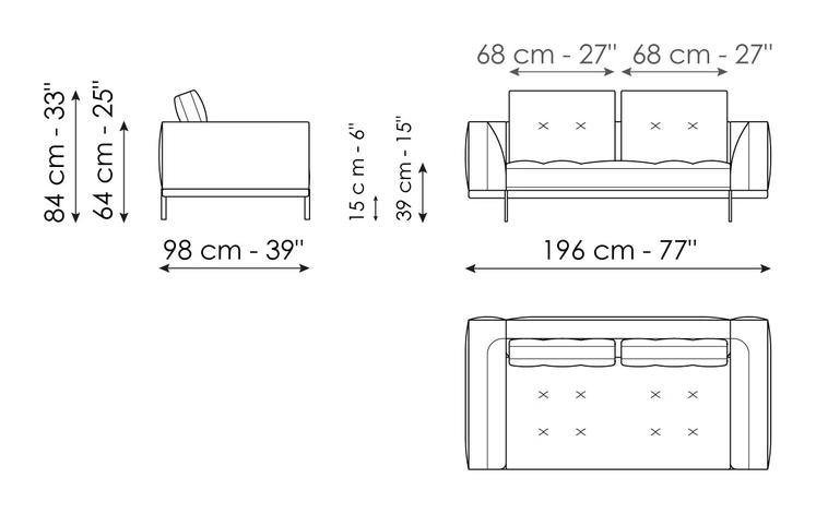 Maximilian Sofa by Bonaldo, size drawing: Sofa 196
