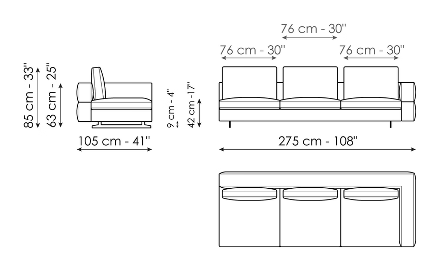 Ever More Sofa by Bonaldo, size drawing: End section sofa 275