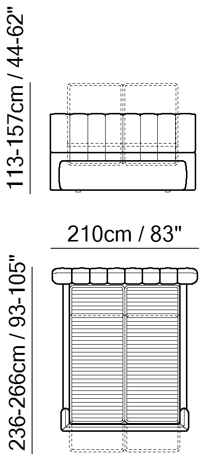 Briq Bed by Natuzzi Italia: Storage bed split mesh 160x200, outline drawing with sizes