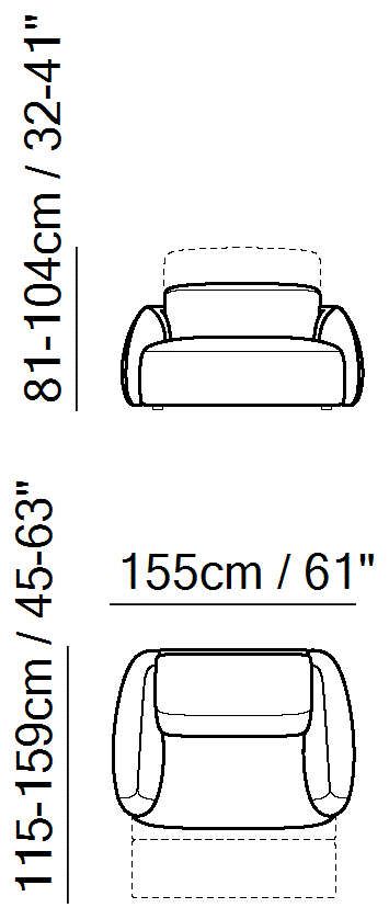 Mindful Sectional by Natuzzi Italia: Chair with electric recliner function in the headrest and footrest and with lumbar support, outline drawing with sizes