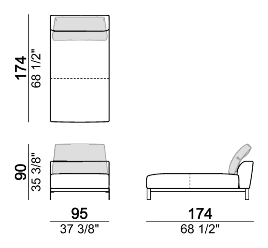 That's Life Sofa by Arketipo, size drawing: Dormeuse