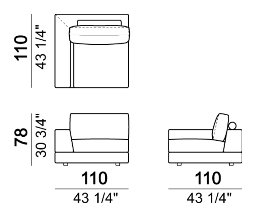 Plat Sofa by Arketipo, size drawing: Right or left unit