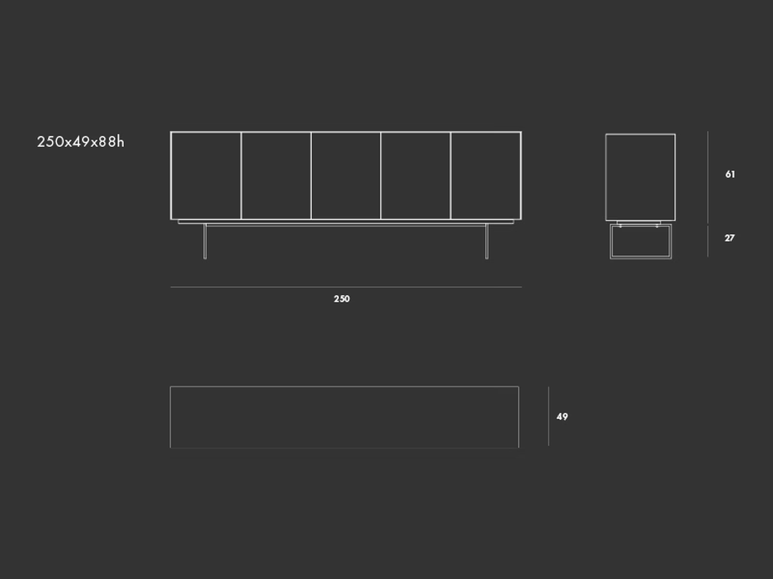Magda Sideboard by Sovet, size drawing: 5 doors, H 88