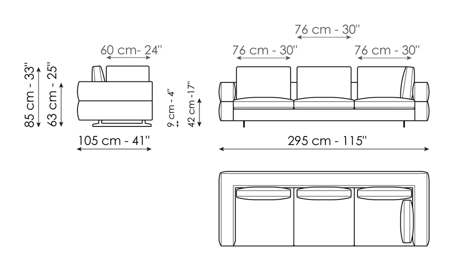 Ever More Sofa by Bonaldo, size drawing: Corner sofa 295