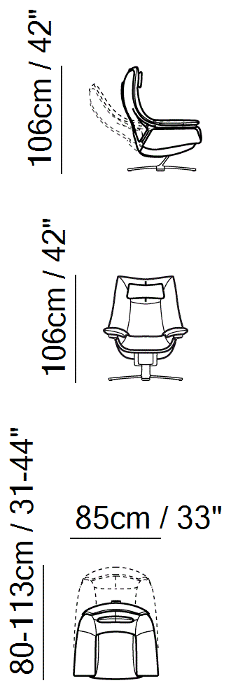 Re-Vive Casual Recliner by Natuzzi Italia: Re-Vive armchair with headrest, outline drawing with sizes