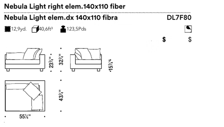Nebula Light Sofa by Moroso, size drawing: Nebula Light right elem.140x110 fiber