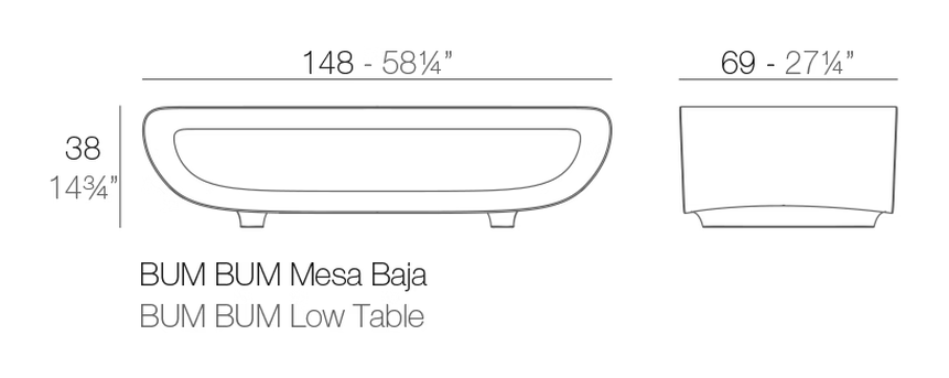 Bum-Bum Coffee Table 148 × 68 × 38 by Vondom, size drawing
