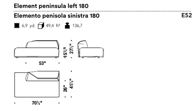 M.a.S.S.a.S. Sofa by Moroso, size drawing: Element peninsula left 180
